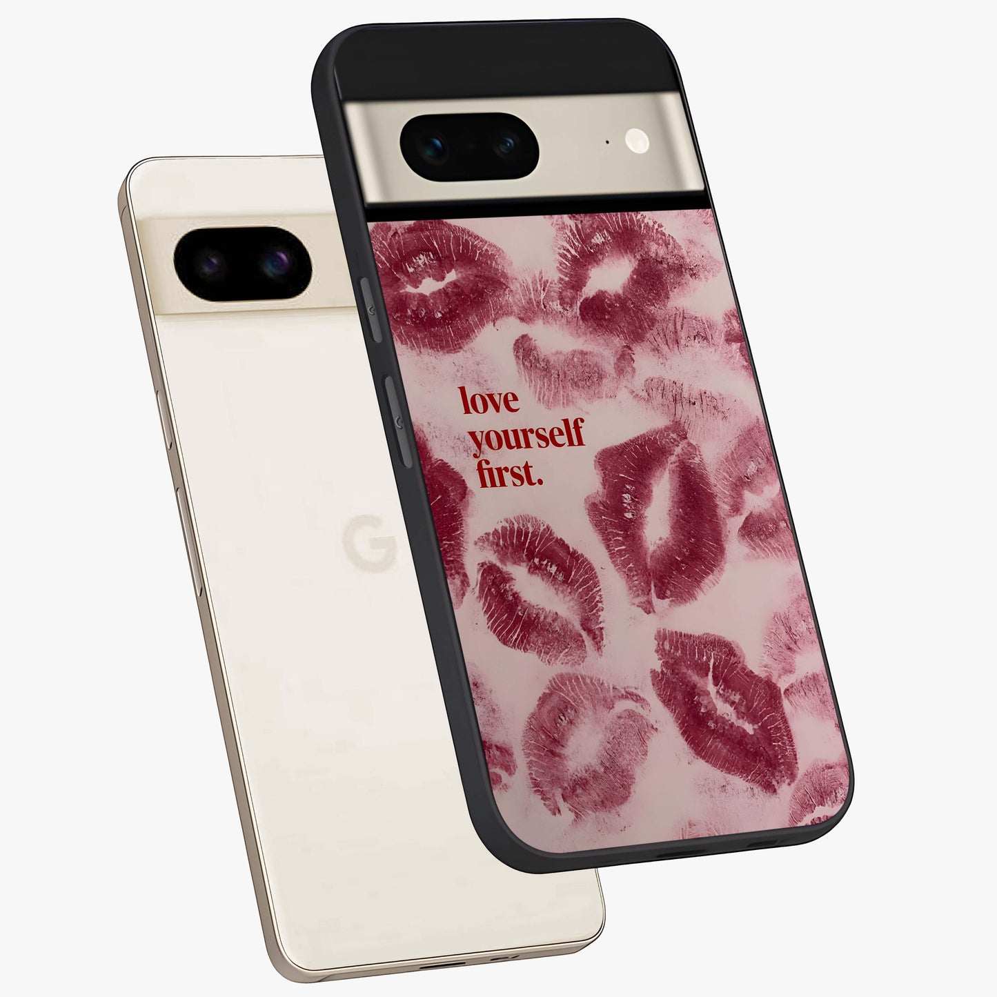 Crimson Kiss Love Glass Case displayed in angled mockup highlighting bold love inspired design with modern aesthetic style.