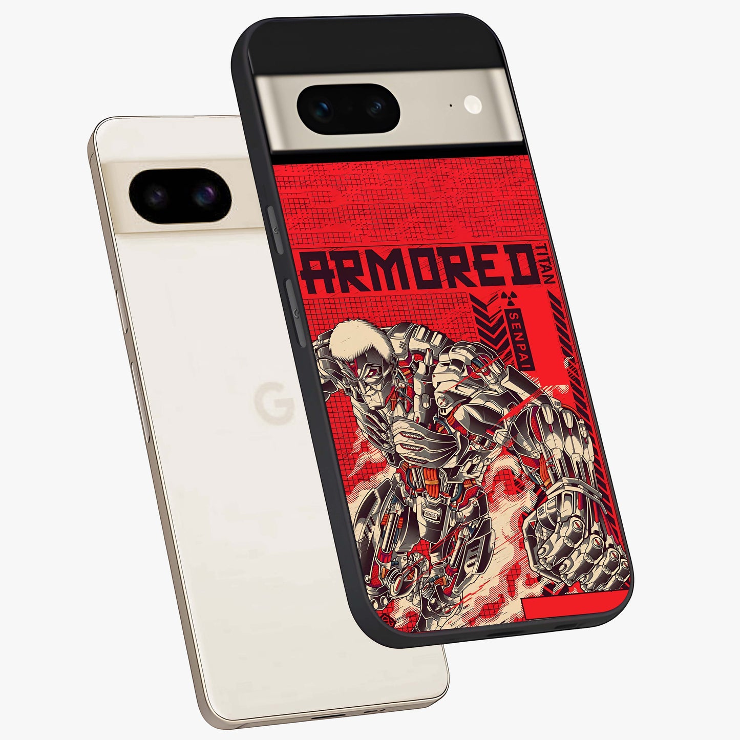 Crimson Mecha Titan Glass Case displayed in angled mockup highlighting futuristic mech illustration with bold crimson aesthetic.