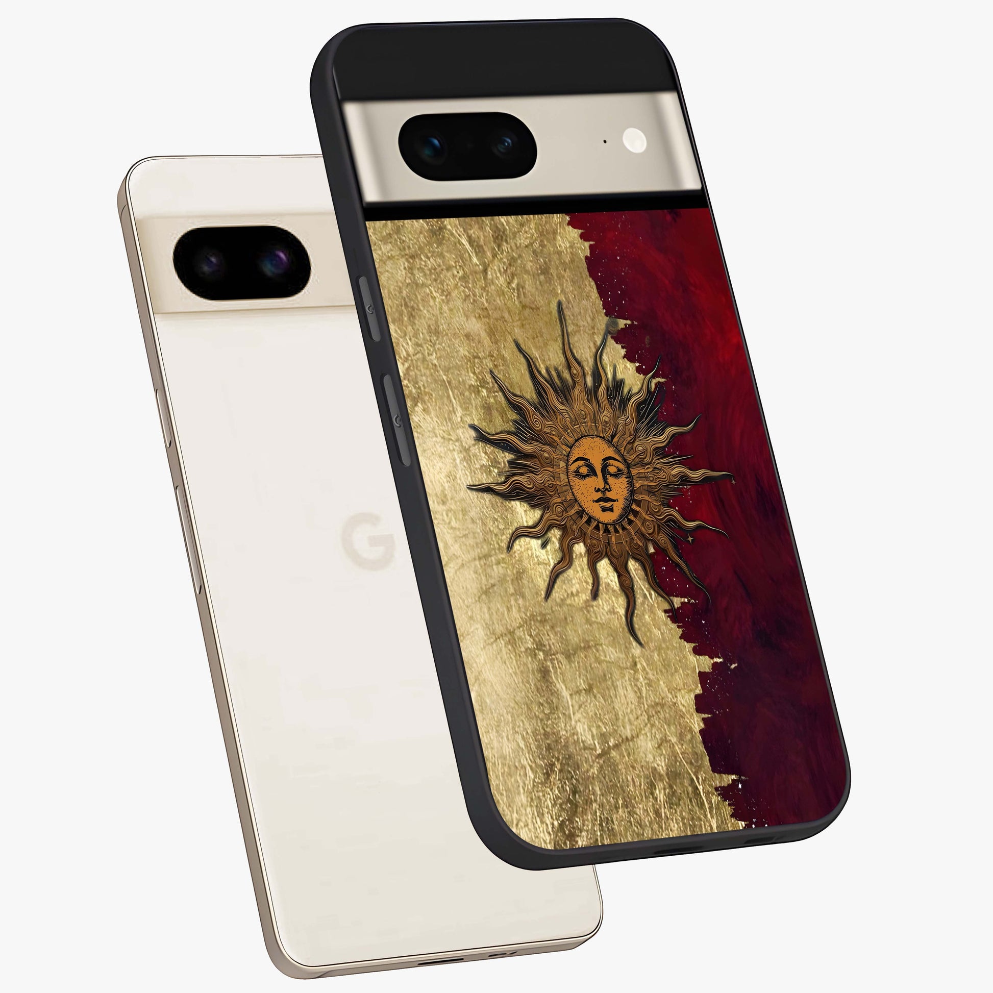Crimson Sun Majesty Glass Case displayed in angled mockup highlighting majestic crimson sun design with bold aesthetic style.