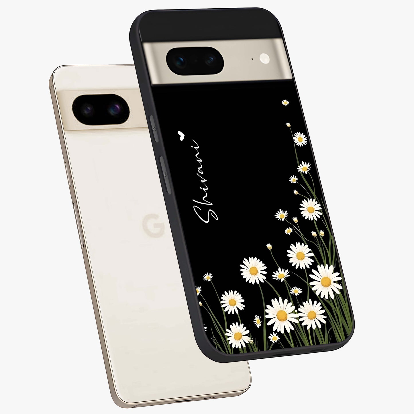 Daisy Cascade Custom Name Glass Case displayed in angled mockup highlighting delicate daisy artwork with custom name feature.