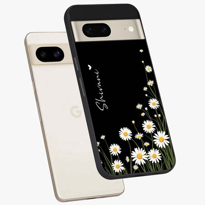 Daisy Cascade Custom Name Glass Case displayed in angled mockup highlighting delicate daisy artwork with custom name feature.