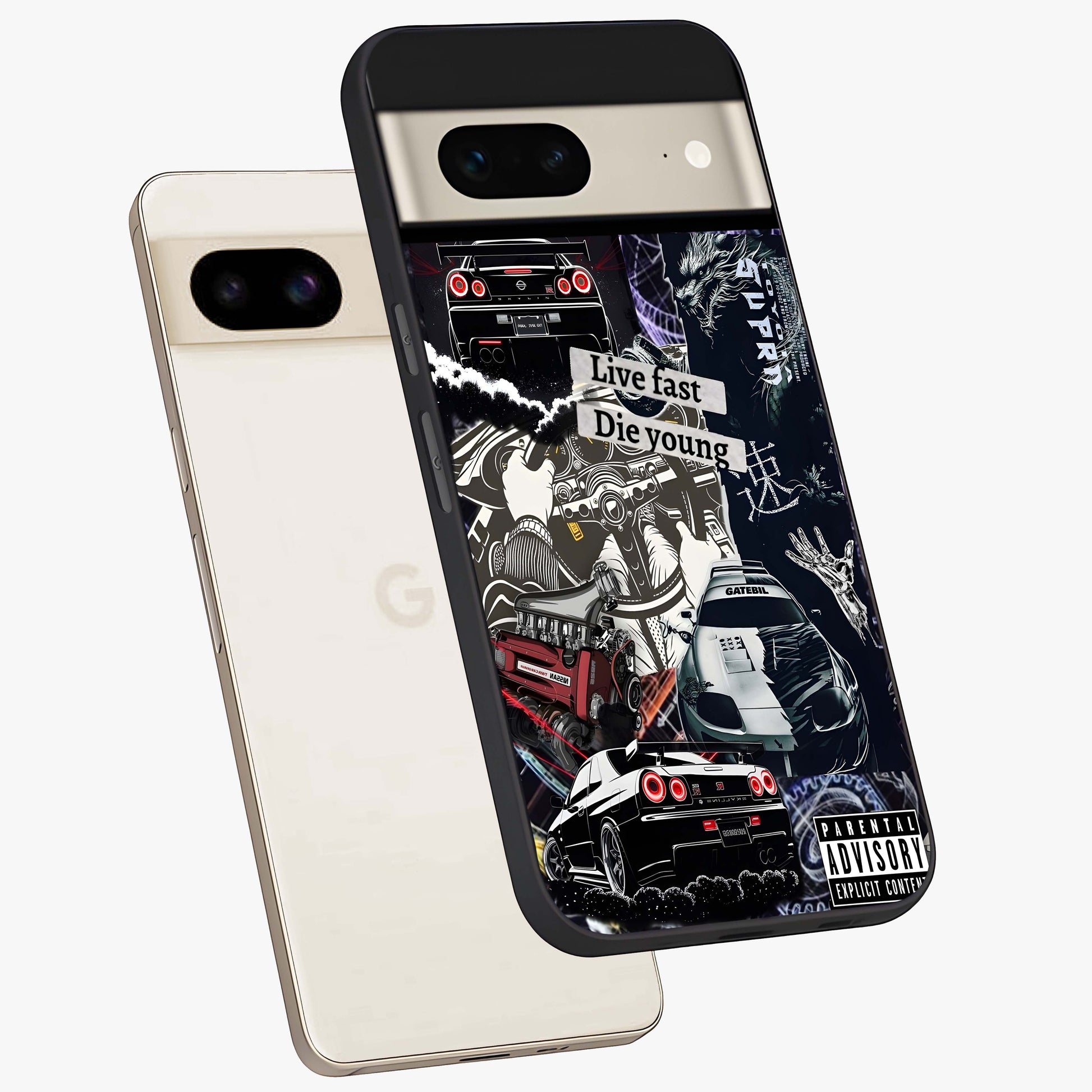Die Young Glass Case displayed in angled mockup highlighting expressive graphic artwork with edgy aesthetic style.
