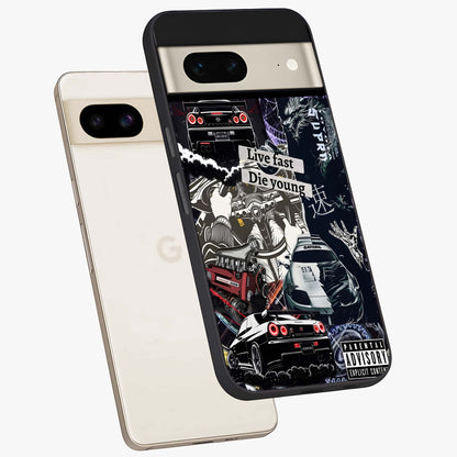 Die Young Glass Case displayed in angled mockup highlighting expressive graphic artwork with edgy aesthetic style.