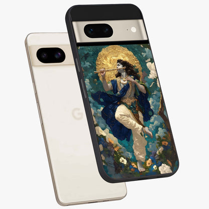 Divine Krishna Art Glass Case displayed in angled mockup highlighting spiritual Krishna illustration with devotional aesthetic.