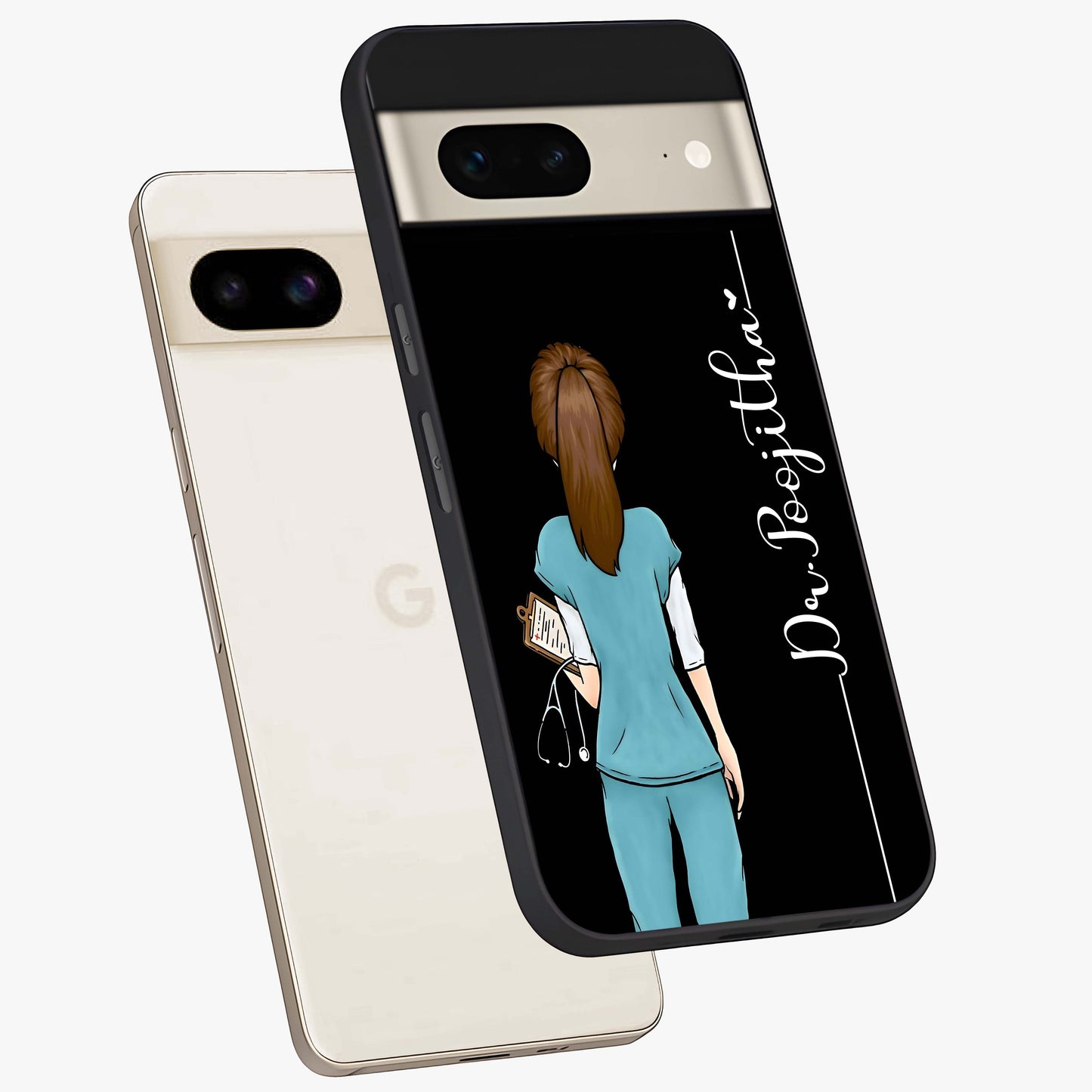 Doctor Pattern Custom Name Glass Case displayed in angled mockup highlighting doctor inspired artwork with custom name feature.