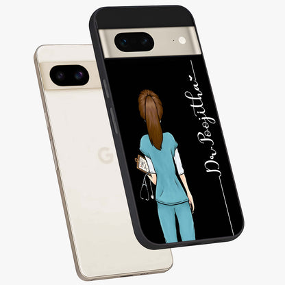 Doctor Pattern Custom Name Glass Case displayed in angled mockup highlighting doctor inspired artwork with custom name feature.