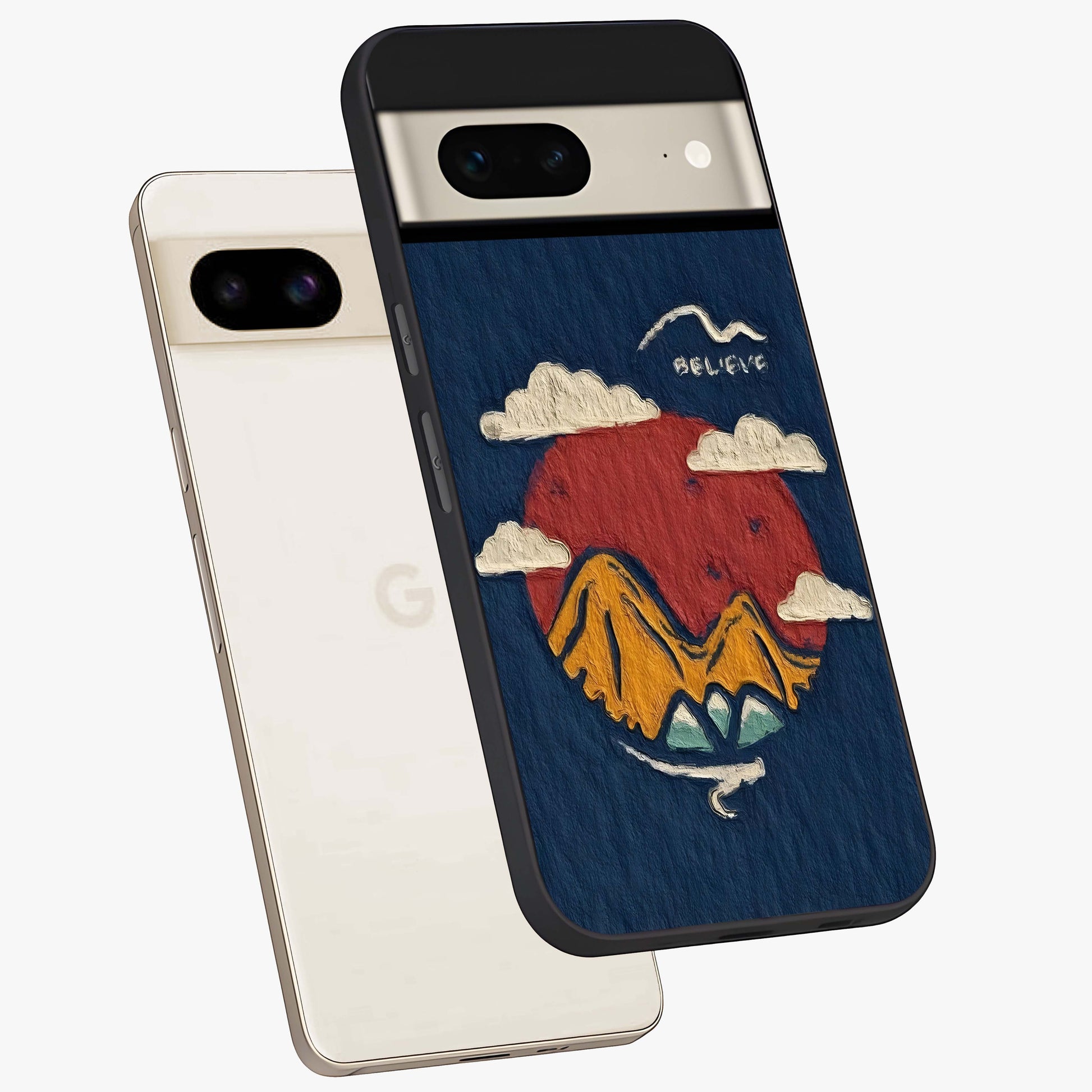 Dream Beyond Mountains Glass Case displayed in angled mockup highlighting dreamy mountain illustration with peaceful aesthetic.