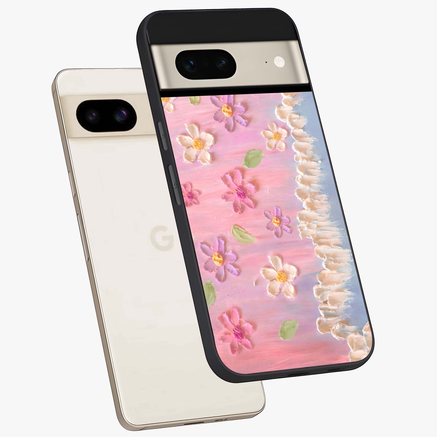 Dreamy Painted Garden Glass Case displayed in angled mockup highlighting colorful garden illustration with dreamy aesthetic style.
