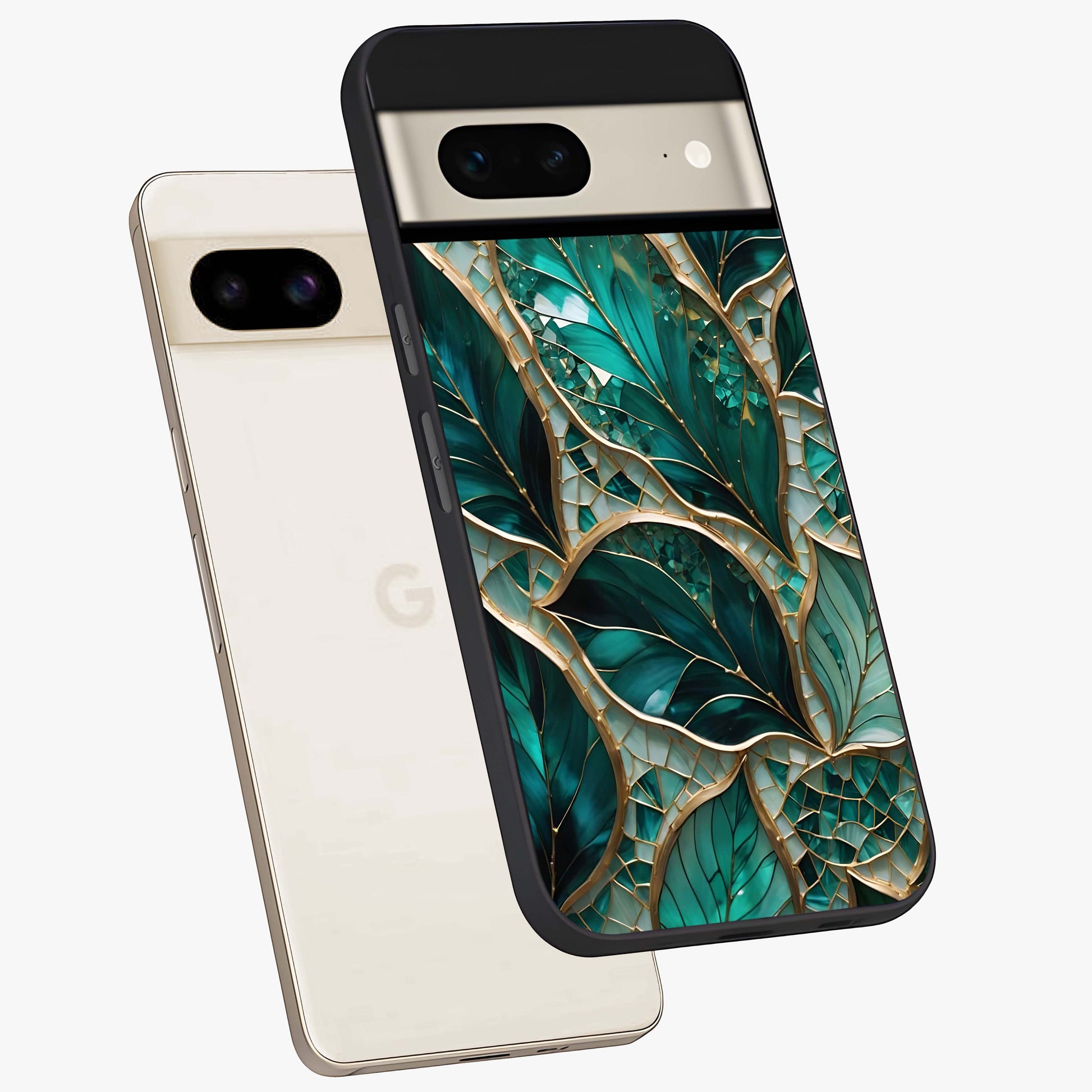 Emerald Leaf Glass Glass Case displayed in angled mockup highlighting botanical leaf illustration with elegant natural aesthetic.