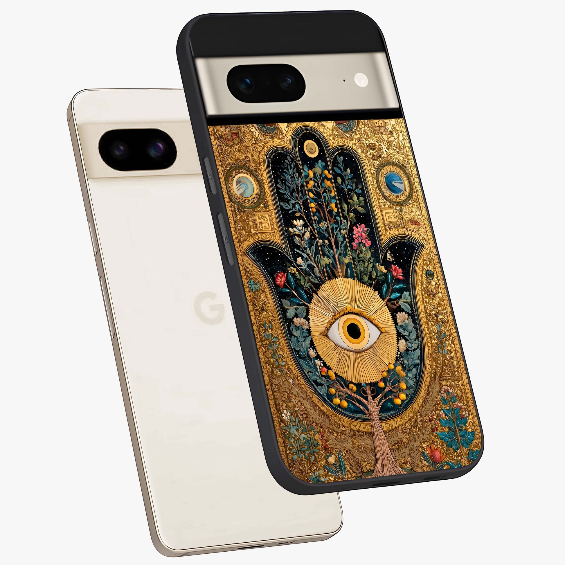 Ethereal Evil Eye Glass Case displayed in angled mockup highlighting protective evil eye symbol with spiritual aesthetic design.