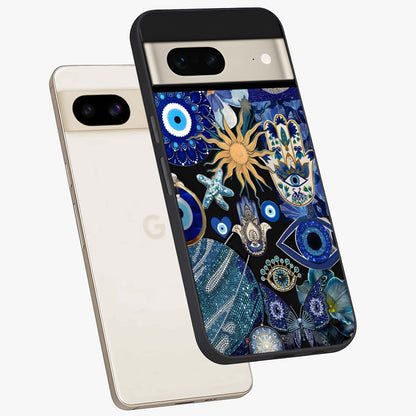 Evil Eye Charm Mix Glass Case displayed in angled mockup highlighting protective evil eye symbols with spiritual aesthetic design.