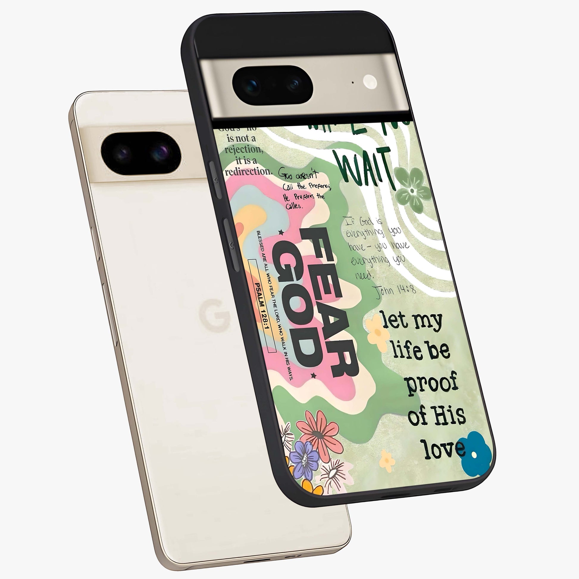 Faith Over Fear Glass Case displayed in angled mockup highlighting inspirational message design with modern aesthetic style.