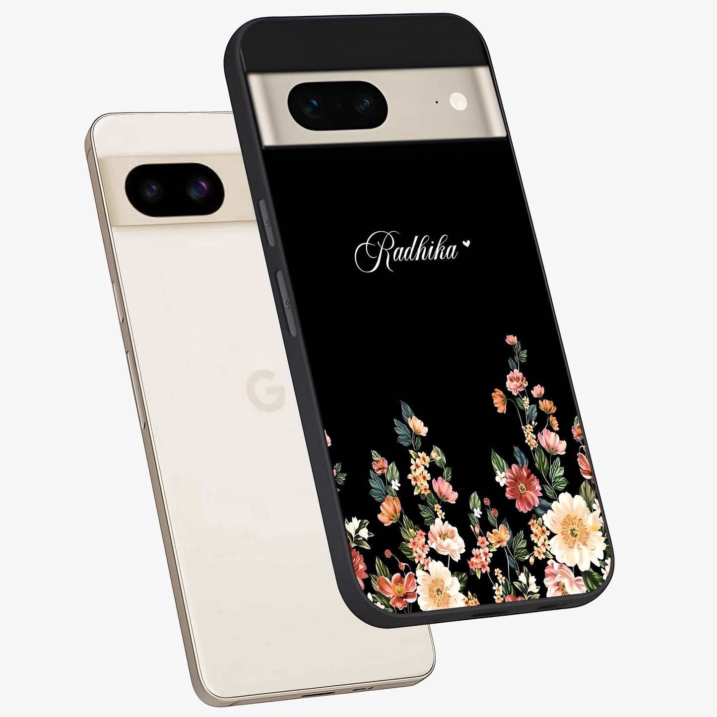 Floral Design With a Custom Personalized Name Glass Case displayed in angled mockup highlighting elegant floral pattern with custom name feature.
