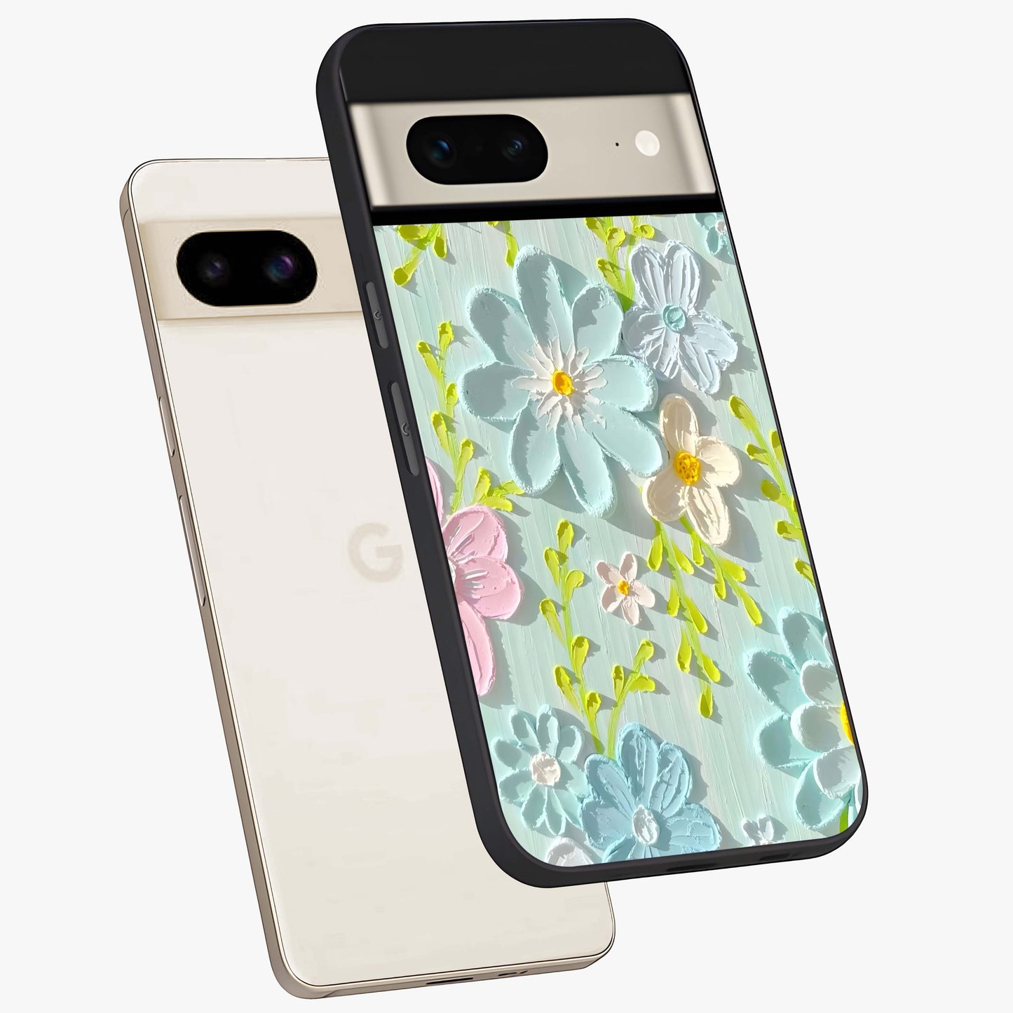 Frosted Petal Garden Glass Case displayed in angled mockup highlighting delicate flower petal design with calm garden aesthetic.
