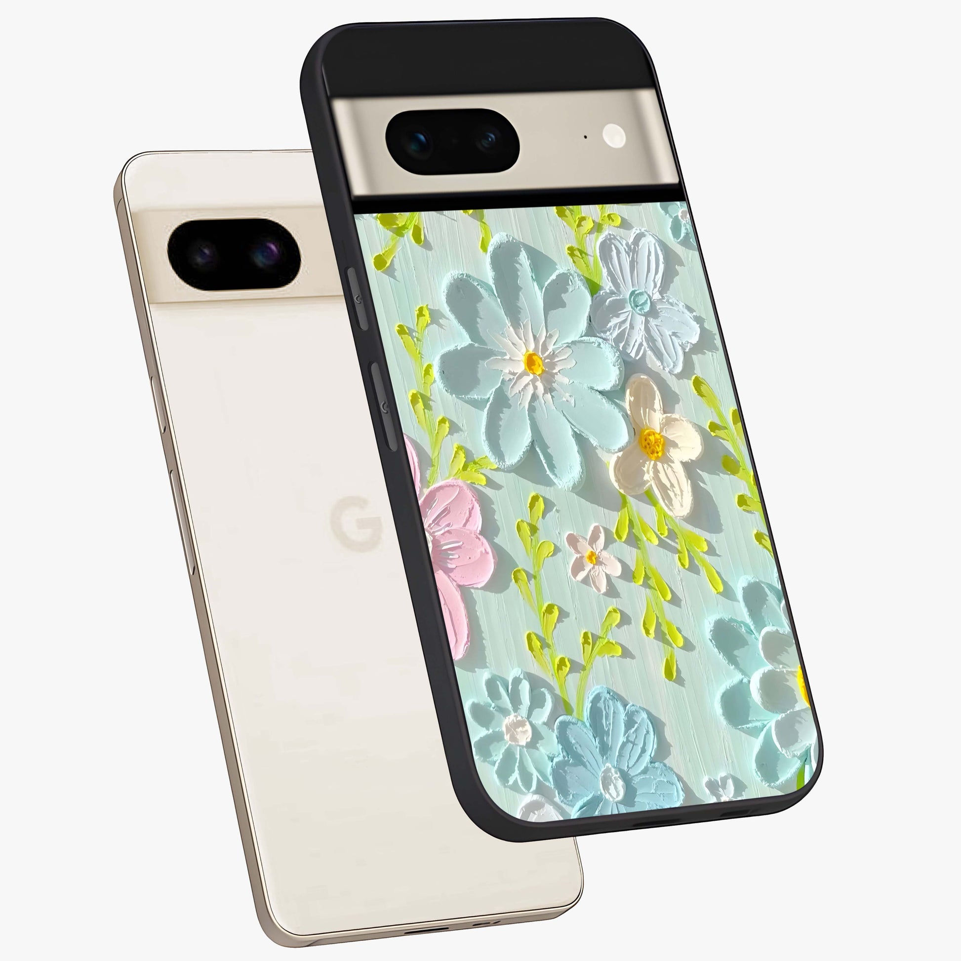 Frosted Petal Garden Glass Case displayed in angled mockup highlighting delicate flower petal design with calm garden aesthetic.
