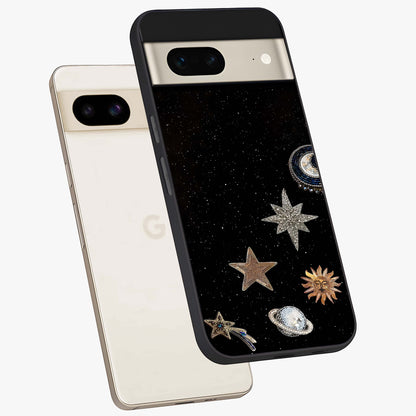 Galactic Charm Glow Glass Case displayed in angled mockup highlighting luminous galaxy inspired design with dreamy aesthetic.