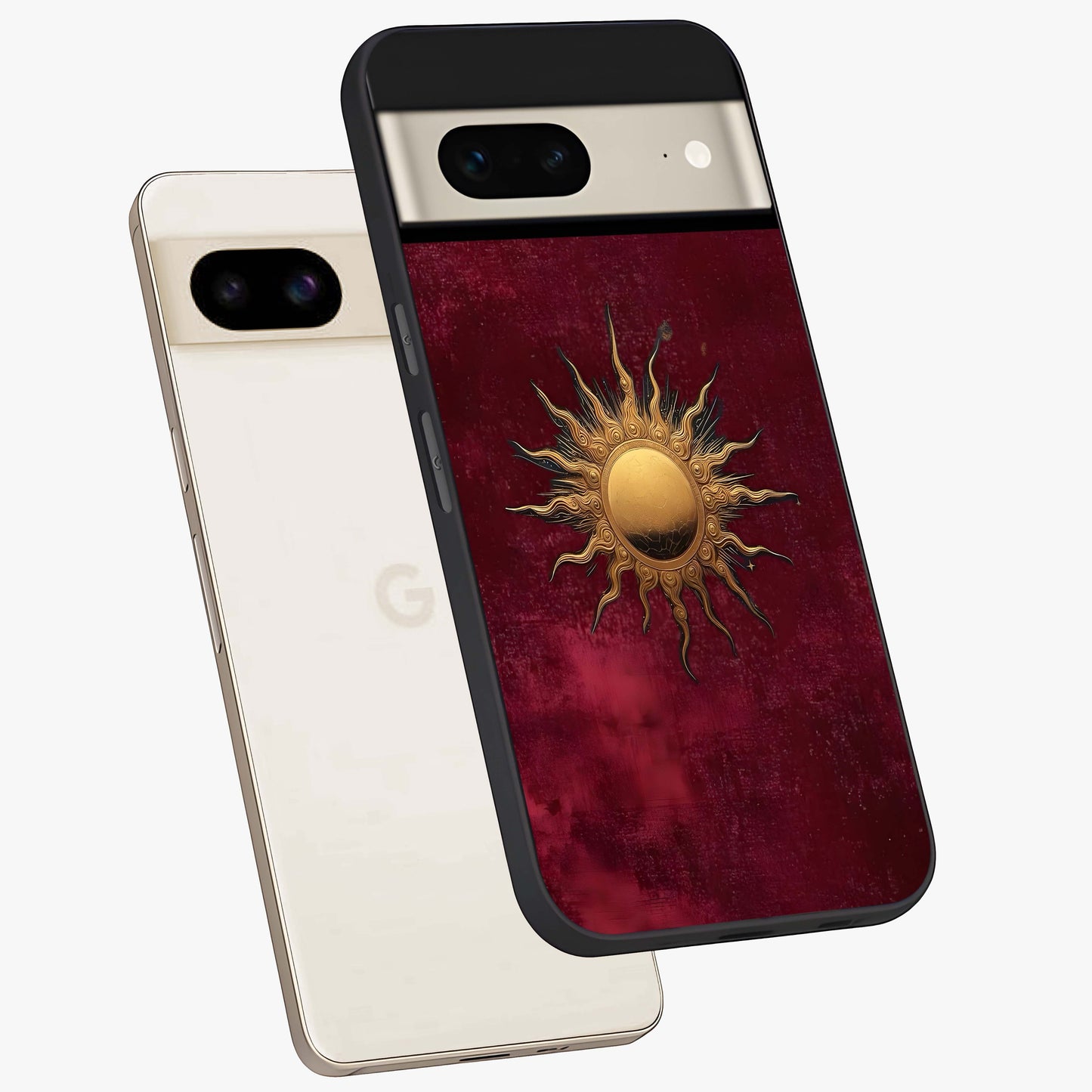 Golden Sun Minimalism Glass Case displayed in angled mockup highlighting clean sun symbol design with modern minimal aesthetic.
