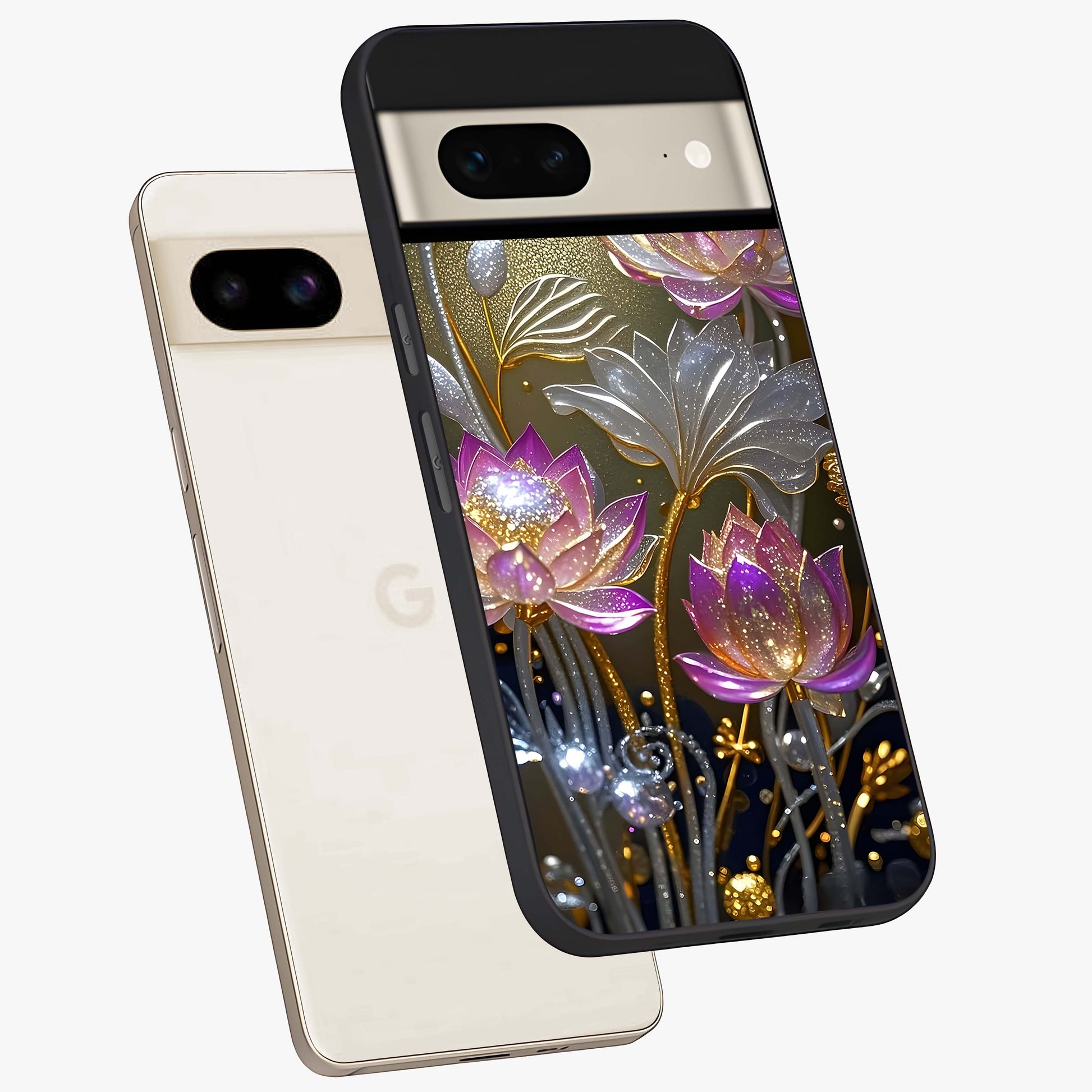 Golden Floral Majesty Glass Case displayed in angled mockup highlighting elegant flower design with royal golden aesthetic.