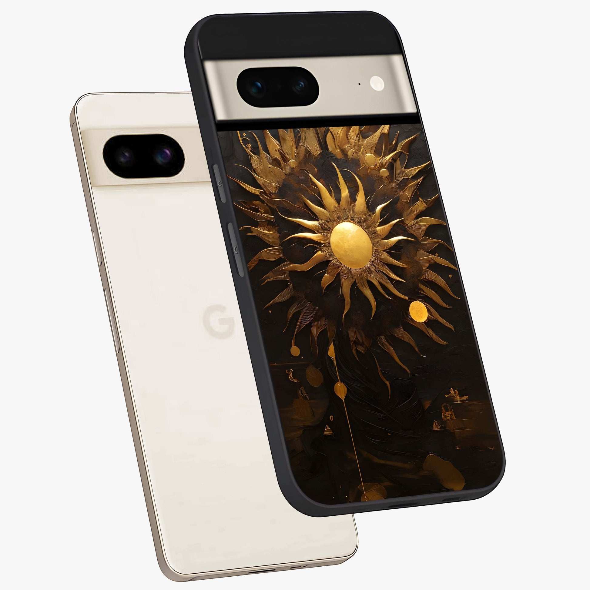 Golden Sun Majesty Glass Case displayed in angled mockup highlighting eerie shadow illustration with gothic aesthetic.