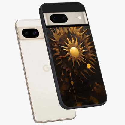 Golden Sun Majesty Glass Case displayed in angled mockup highlighting eerie shadow illustration with gothic aesthetic.