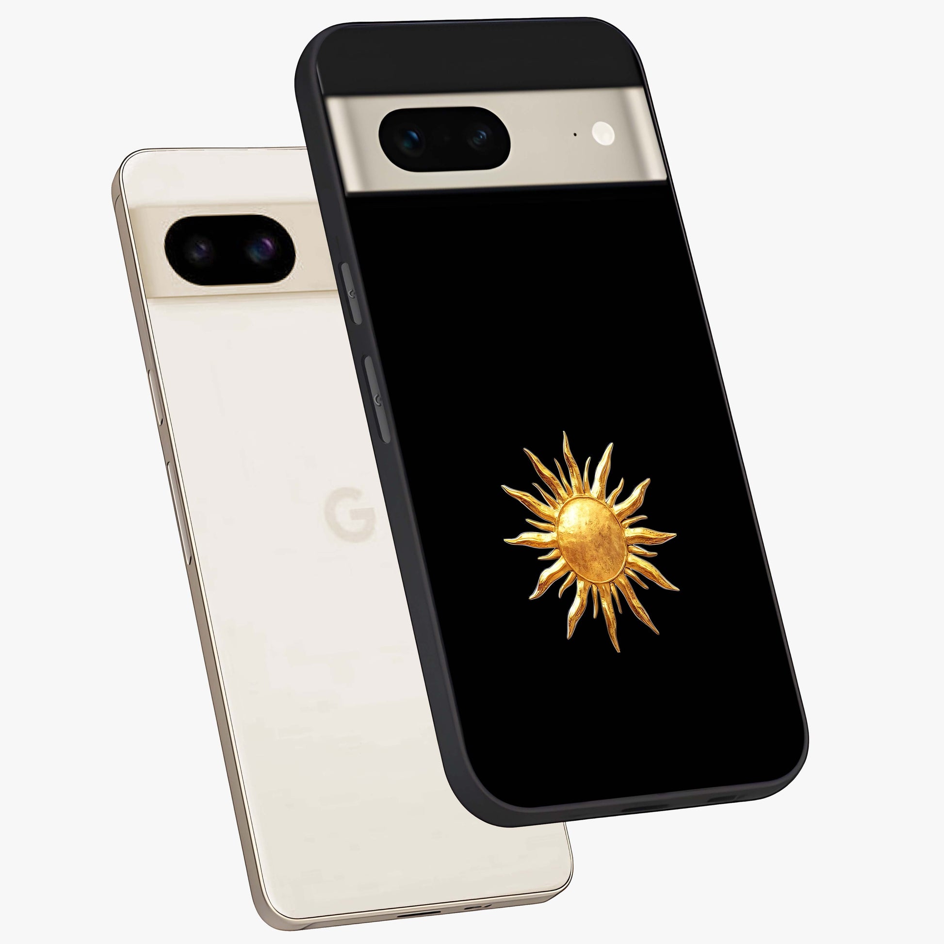Golden Sun Minimalism Glass Case displayed in angled mockup highlighting eerie shadow illustration with gothic aesthetic.