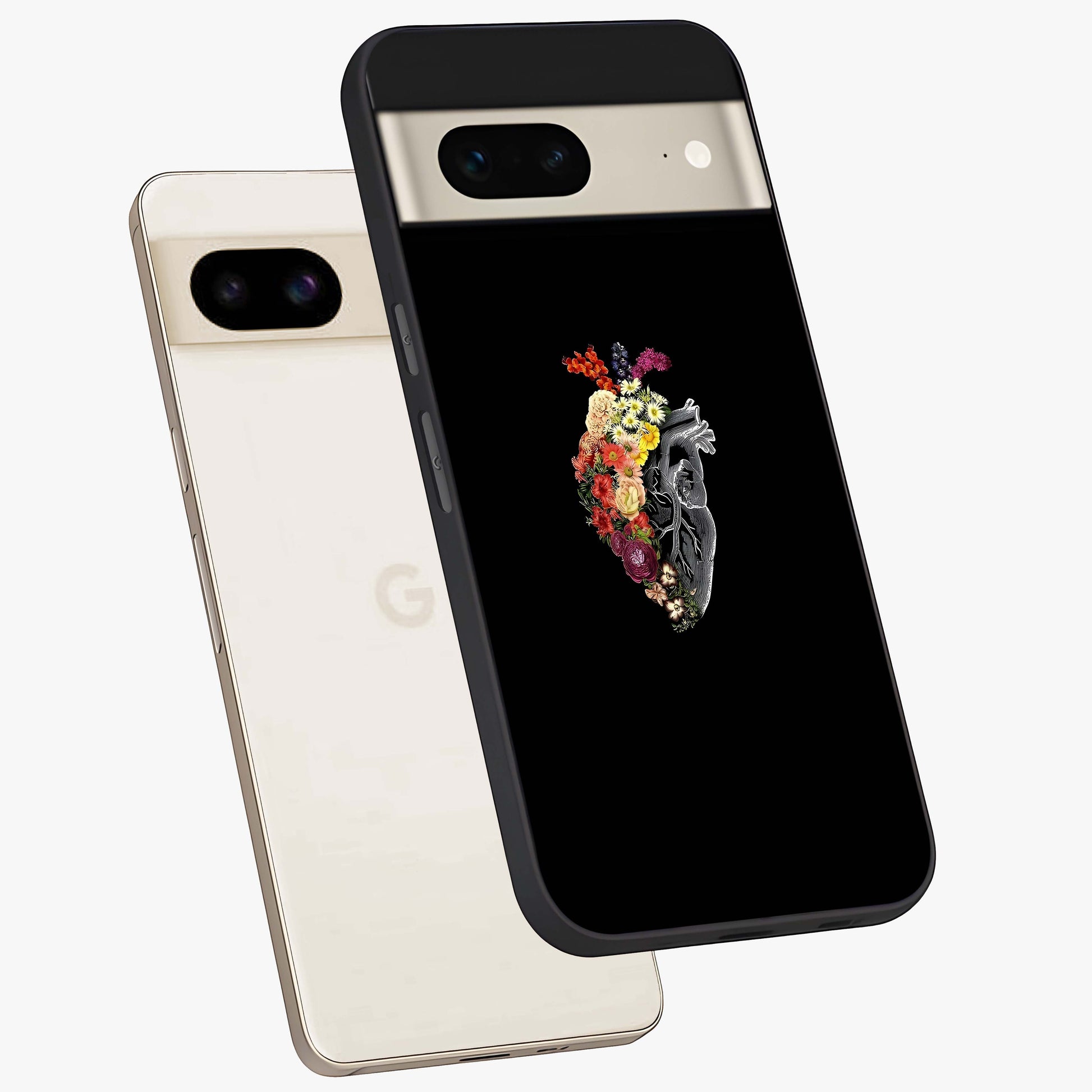Heart With Flowers Glass Case displayed in angled mockup highlighting romantic flower design with soft aesthetic style.