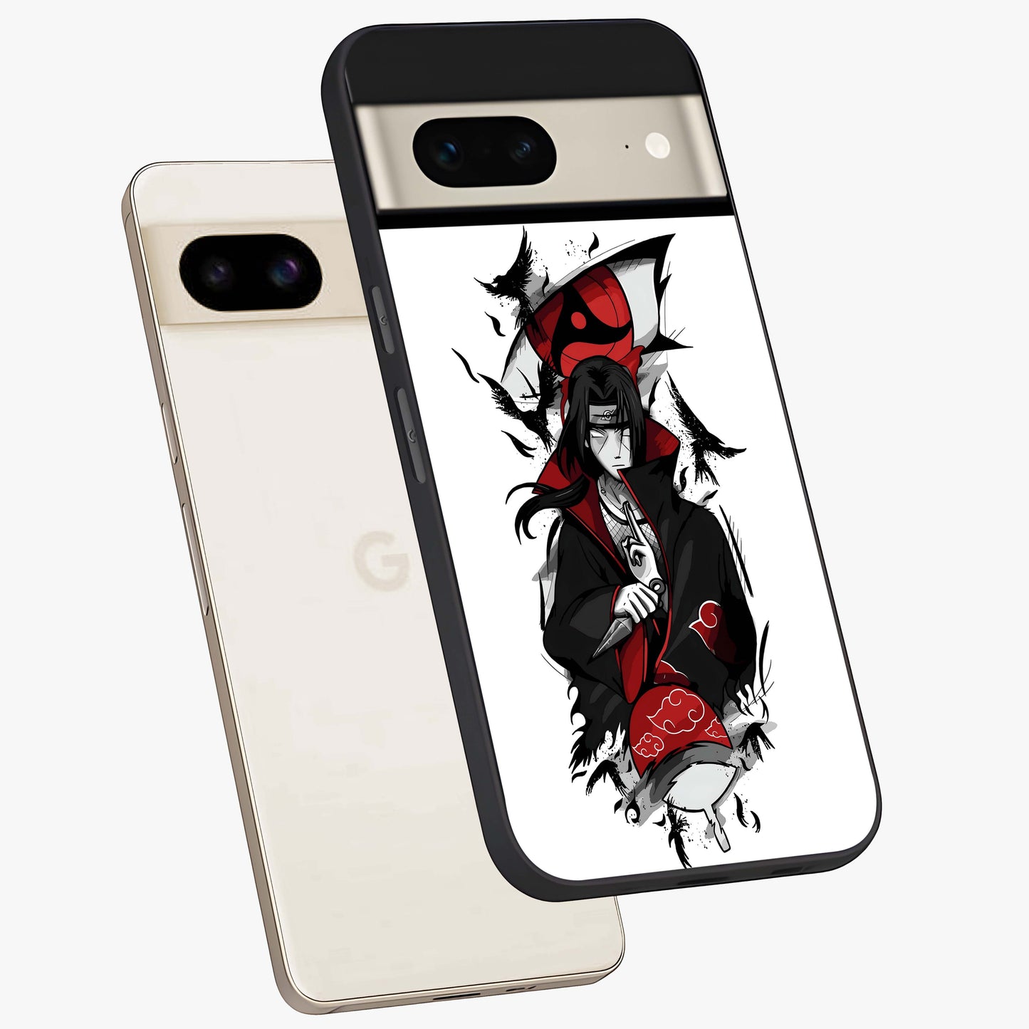 Itachi Limited Edition Naruto Anime Glass Case displayed in angled mockup highlighting dramatic anime illustration with bold action aesthetic.