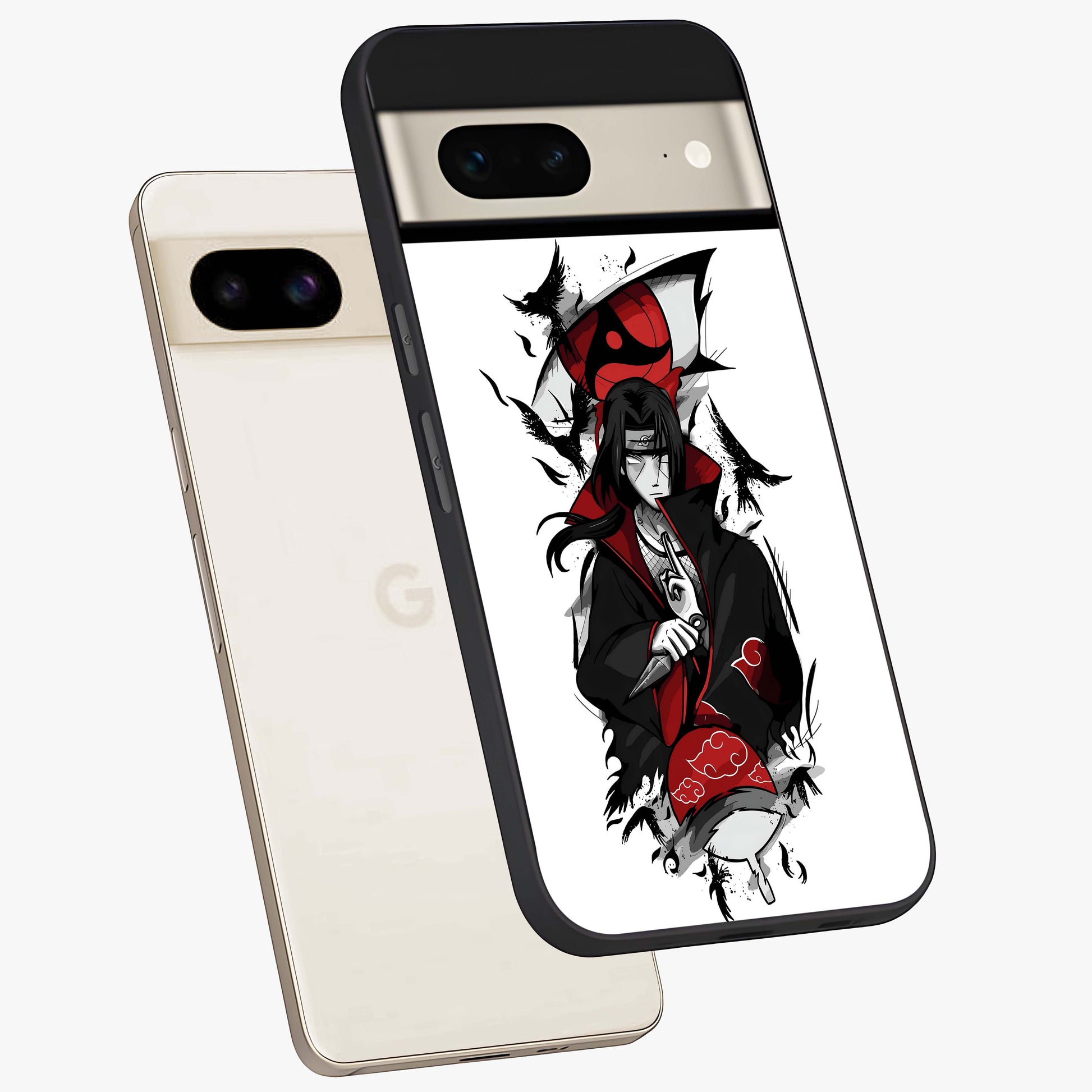 Itachi Limited Edition Naruto Anime Glass Case displayed in angled mockup highlighting dramatic anime illustration with bold action aesthetic.