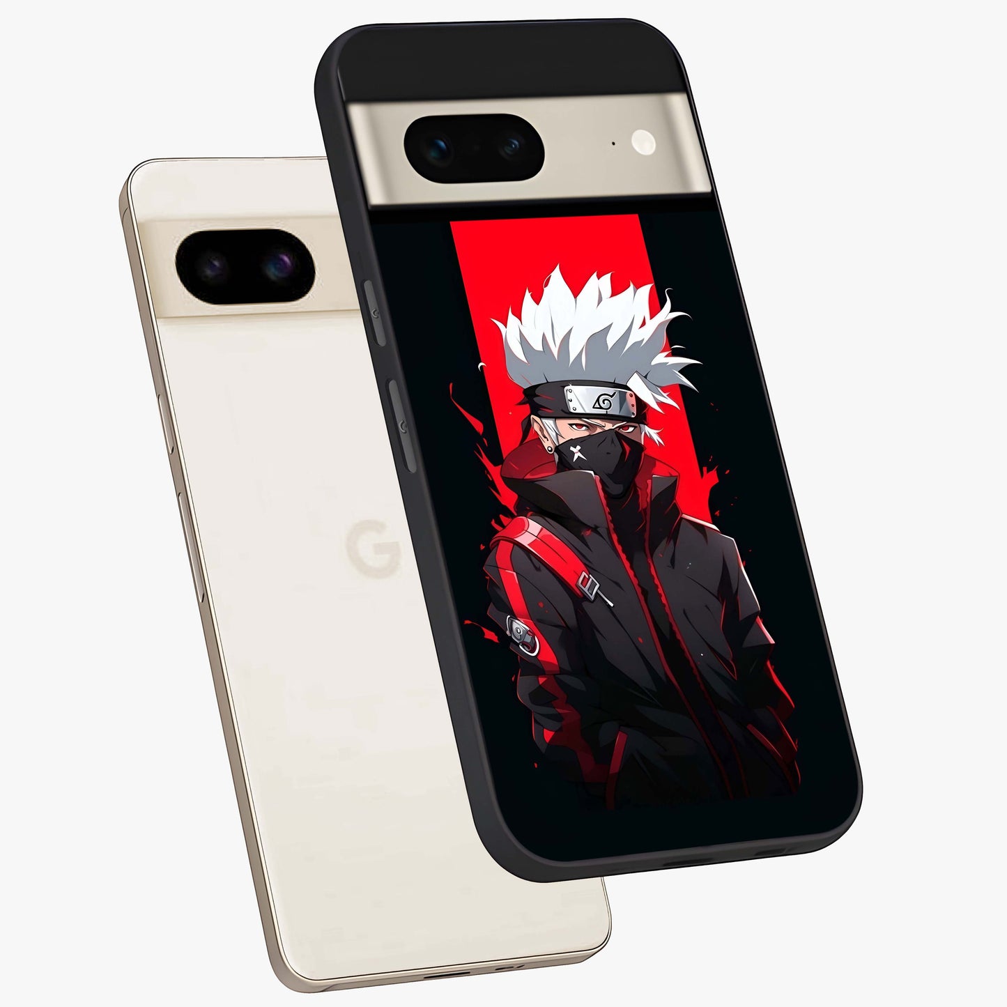 Kakashi Scarlet Shadow Glass Case displayed in angled mockup highlighting dramatic ninja illustration with scarlet themed aesthetic.