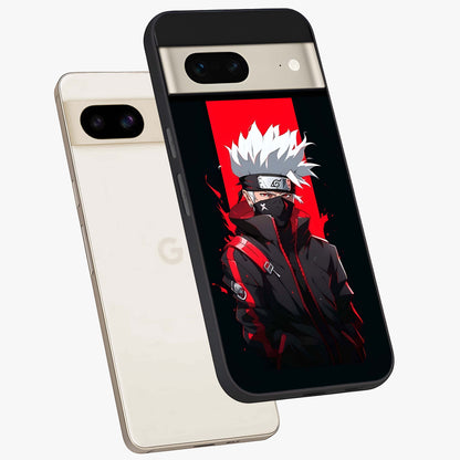 Kakashi Scarlet Shadow Glass Case displayed in angled mockup highlighting dramatic ninja illustration with scarlet themed aesthetic.