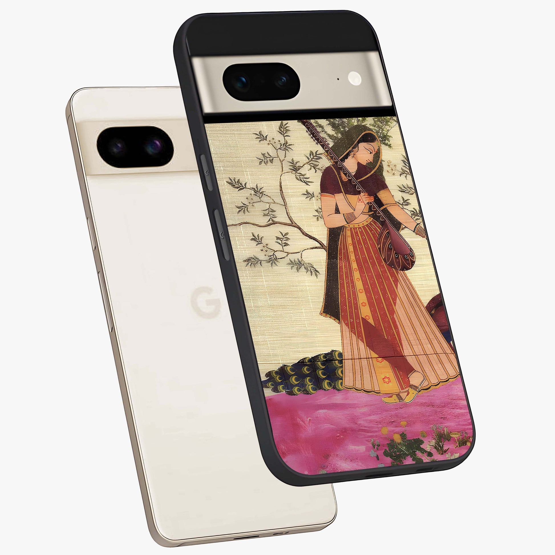 Lady With Veena Art Glass Case displayed in angled mockup highlighting graceful musical illustration with cultural artistic aesthetic.