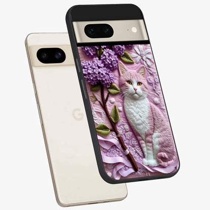 Lavender Cat Whimsy Glass Case displayed in angled mockup highlighting playful feline illustration with pastel lavender aesthetic.