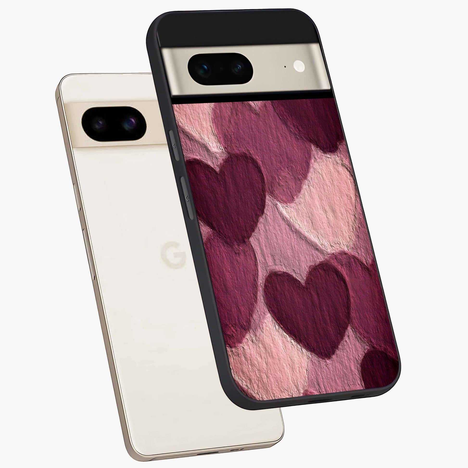 Layered Paper Hearts Glass Case displayed in angled mockup highlighting creative paper craft heart design with romantic aesthetic.