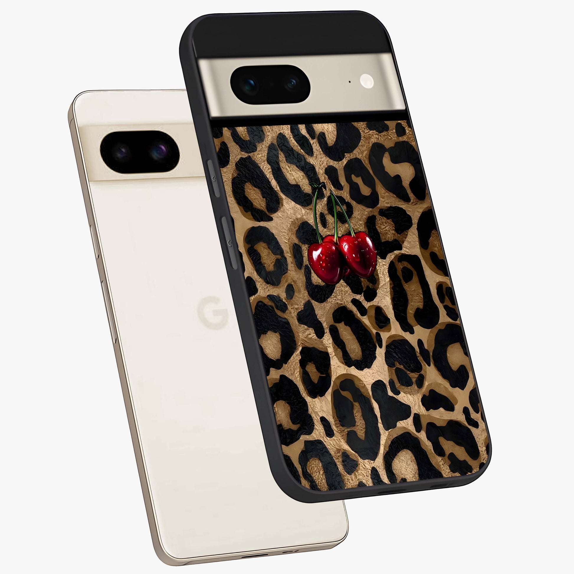 Leopard Wild Cherry Glass Case displayed in angled mockup highlighting bold animal print design with playful cherry aesthetic.