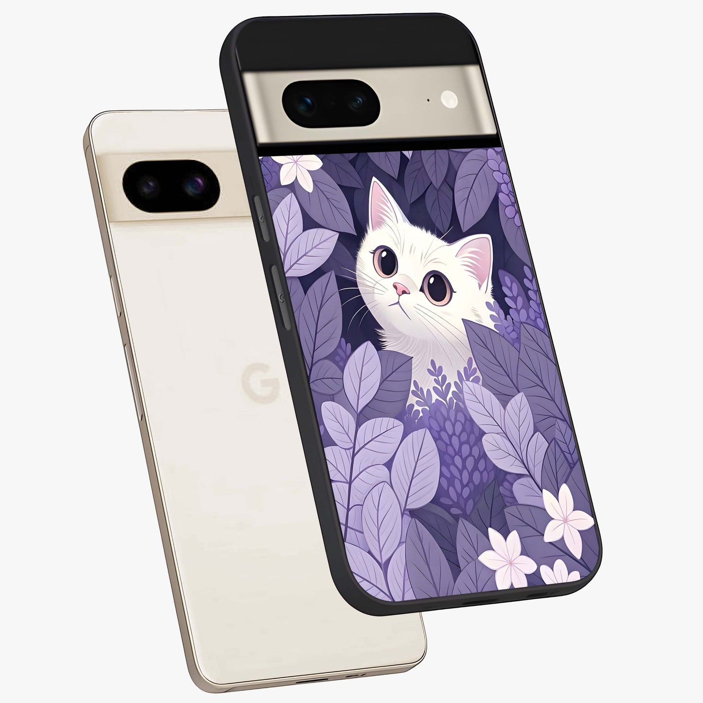 Lilac Hide Peek Cat Glass Case displayed in angled mockup highlighting playful feline illustration with lilac aesthetic design.