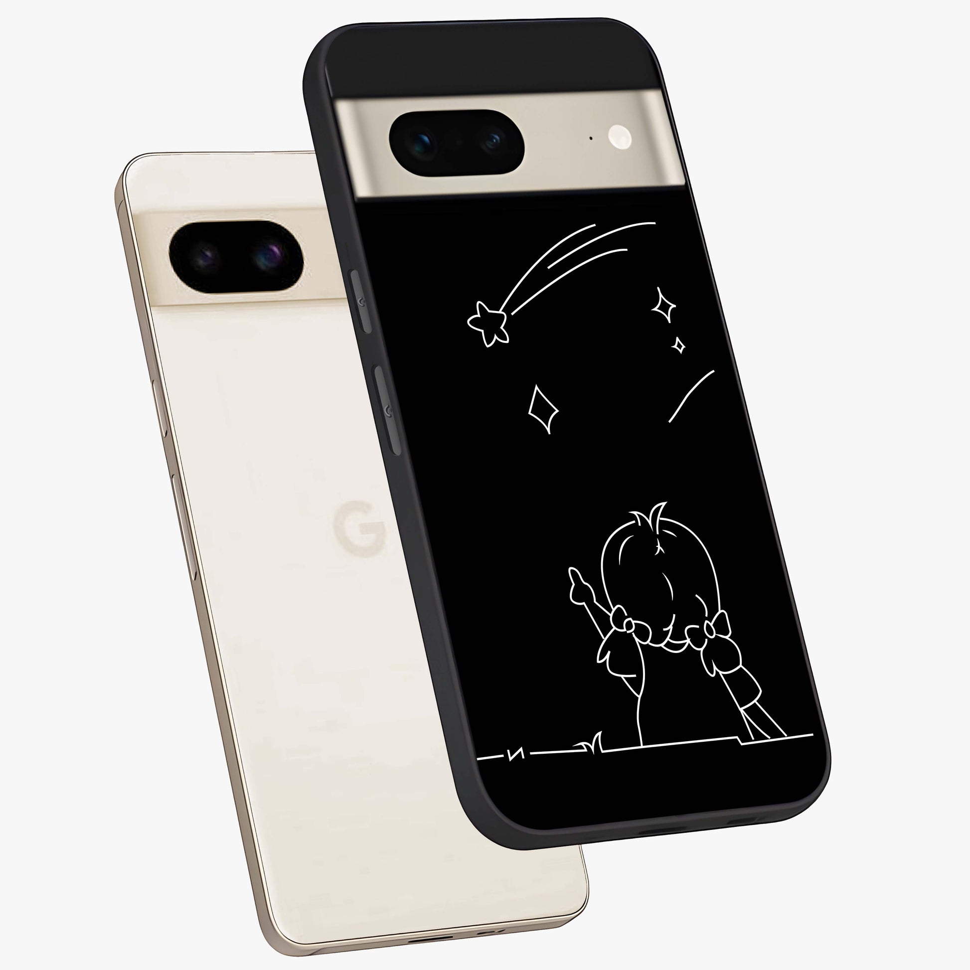 Line Art Girl With Shooting Stars Glass Case displayed in angled mockup highlighting elegant line art design with dreamy star aesthetic.