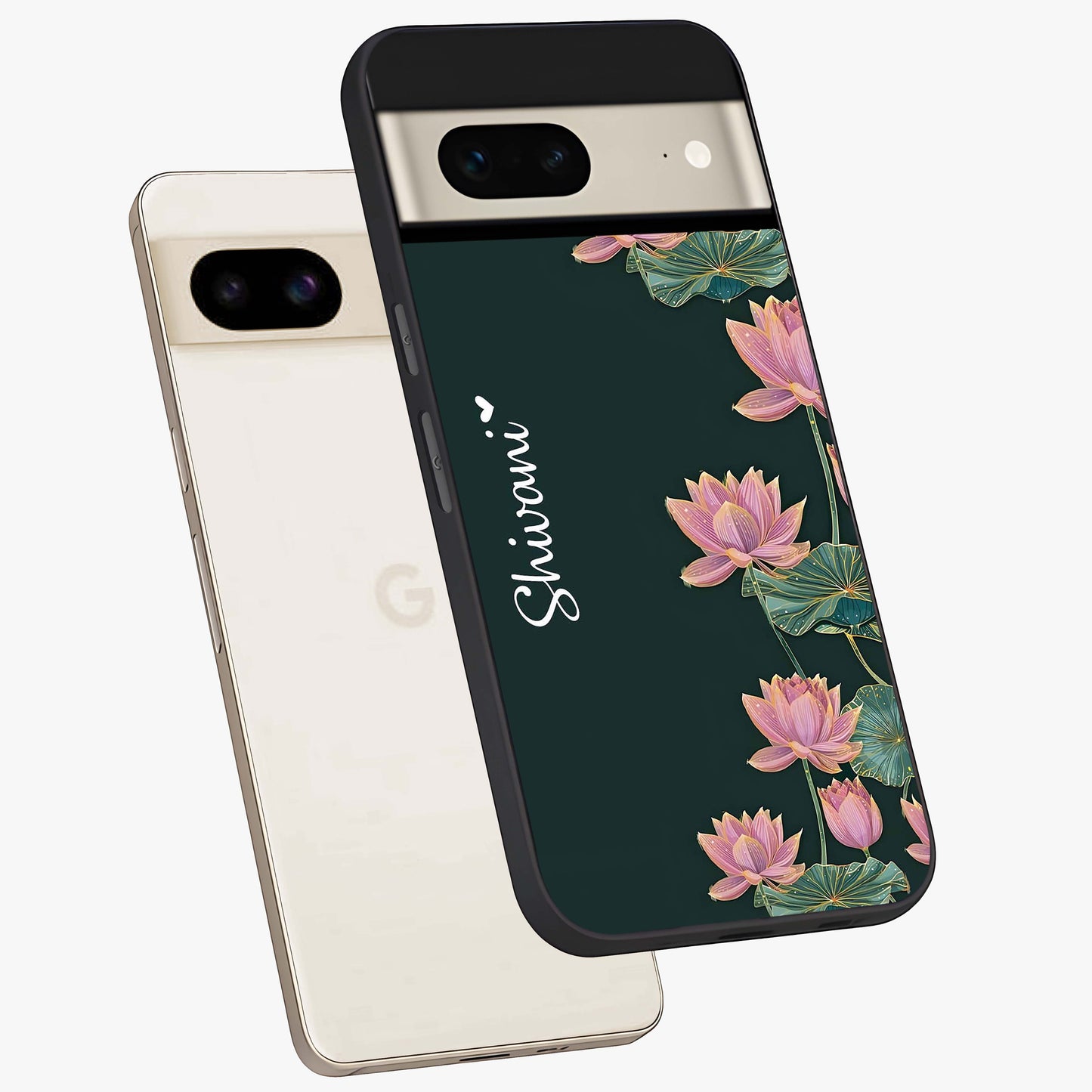 Lotus Bloom Serenity Custom Name Glass Case displayed in angled mockup highlighting graceful lotus illustration with custom name feature.