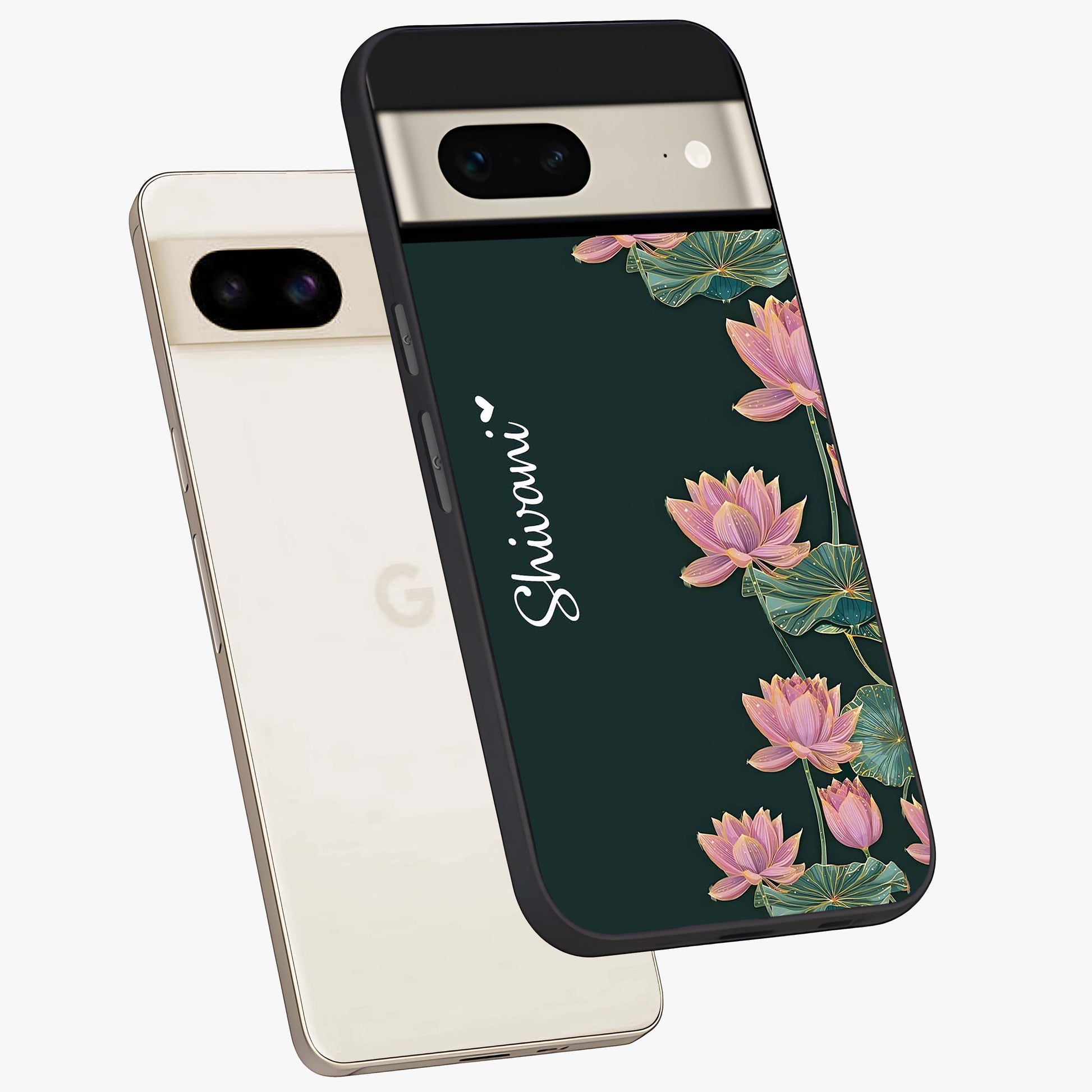 Lotus Bloom Serenity Custom Name Glass Case displayed in angled mockup highlighting graceful lotus illustration with custom name feature.