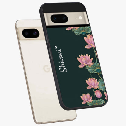 Lotus Bloom Serenity Custom Name Glass Case displayed in angled mockup highlighting graceful lotus illustration with custom name feature.