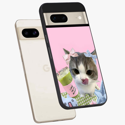 Love Matcha Cat Glass Case displayed in angled mockup highlighting playful feline illustration with cozy matcha aesthetic.