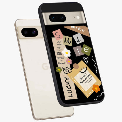 Lucky Aesthetic Collage Glass Case displayed in angled mockup highlighting stylish collage pattern with modern aesthetic vibe.