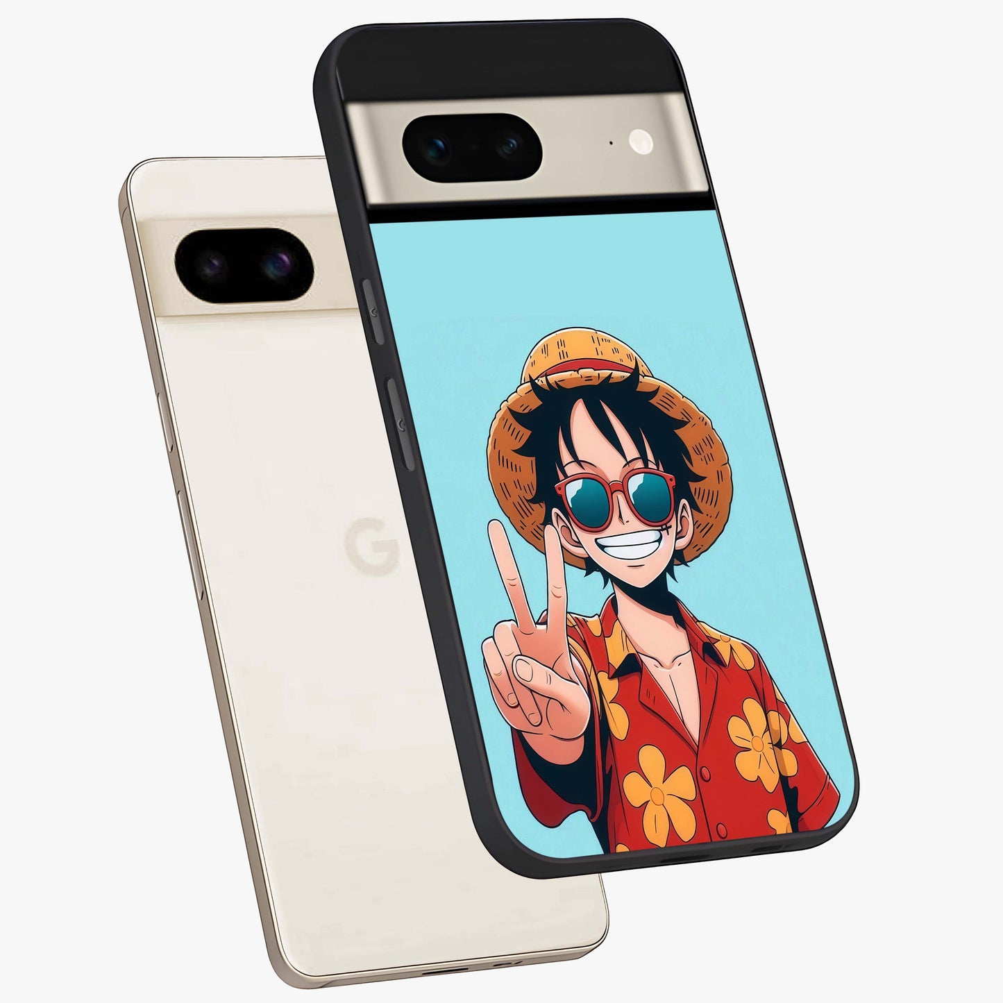 Luffy Summer Anime Vibe Glass Case displayed in angled mockup highlighting energetic anime illustration with summer vibe aesthetic.