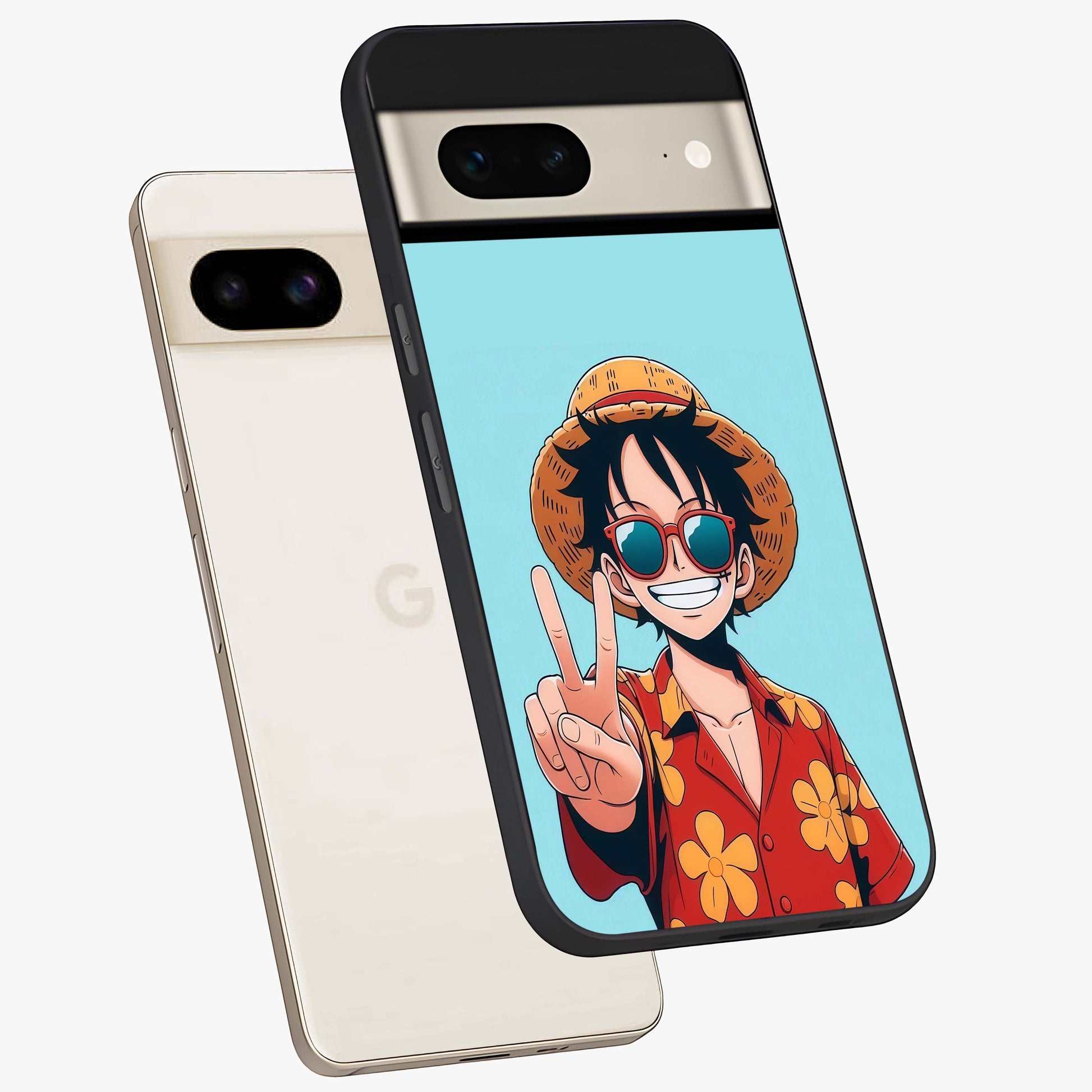 Luffy Summer Anime Vibe Glass Case displayed in angled mockup highlighting energetic anime illustration with summer vibe aesthetic.