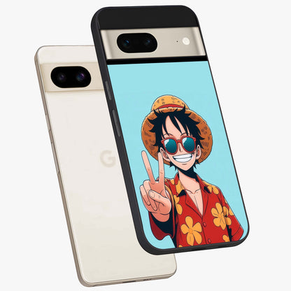 Luffy Summer Anime Vibe Glass Case displayed in angled mockup highlighting energetic anime illustration with summer vibe aesthetic.