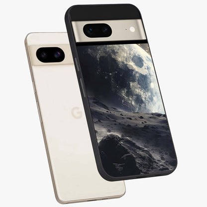Lunar Horizon Glow Glass Case displayed in angled mockup highlighting celestial moon design with dreamy night aesthetic.