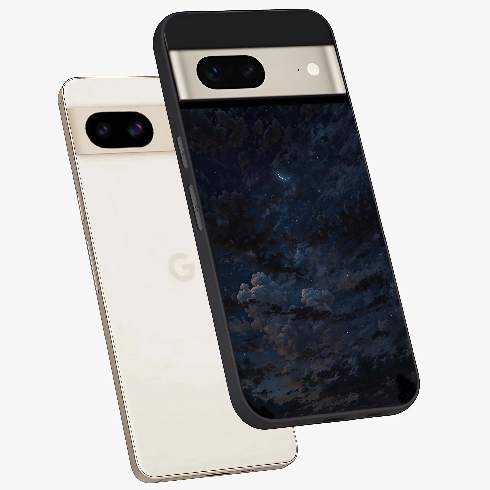 Lunar Veil Silence Glass Case displayed in angled mockup highlighting soft lunar design with peaceful celestial aesthetic.