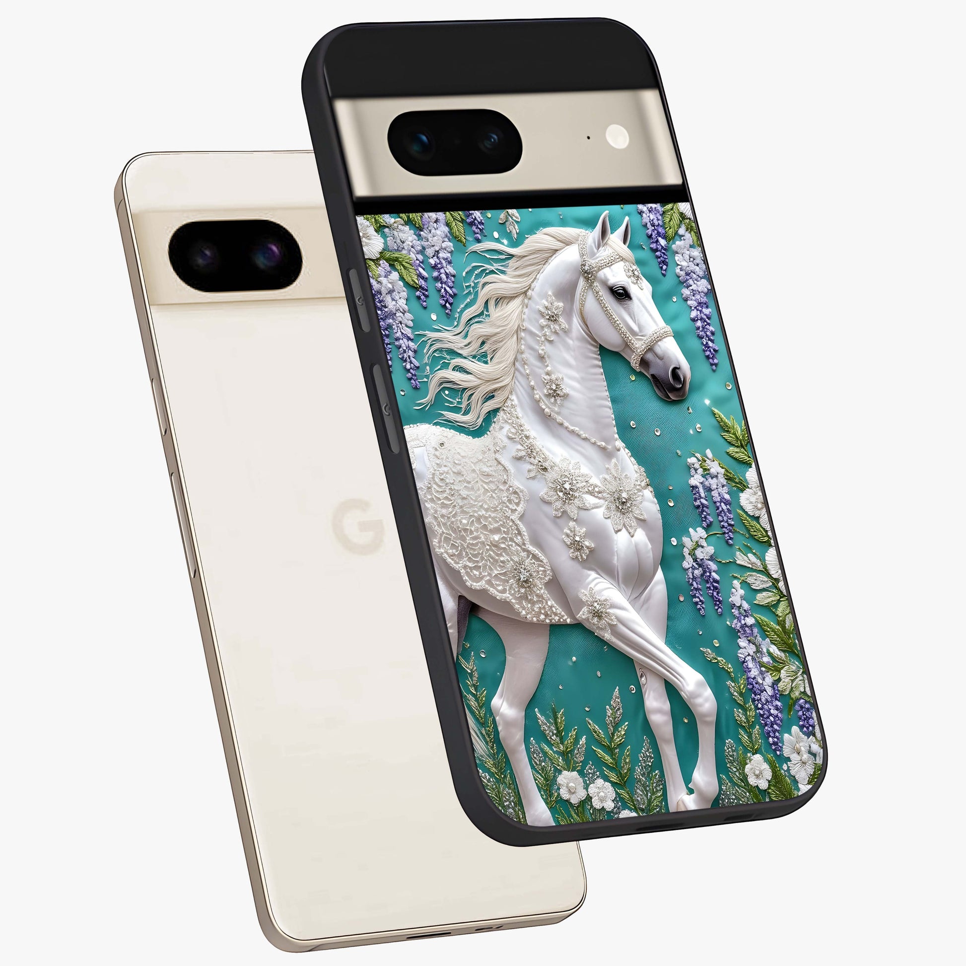 Majestic Floral Stallion Glass Case displayed in angled mockup highlighting majestic stallion illustration with elegant floral aesthetic.