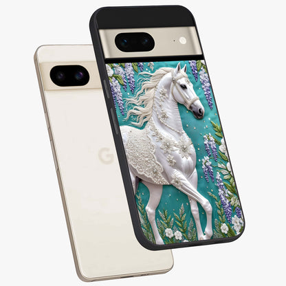 Majestic Floral Stallion Glass Case displayed in angled mockup highlighting majestic stallion illustration with elegant floral aesthetic.