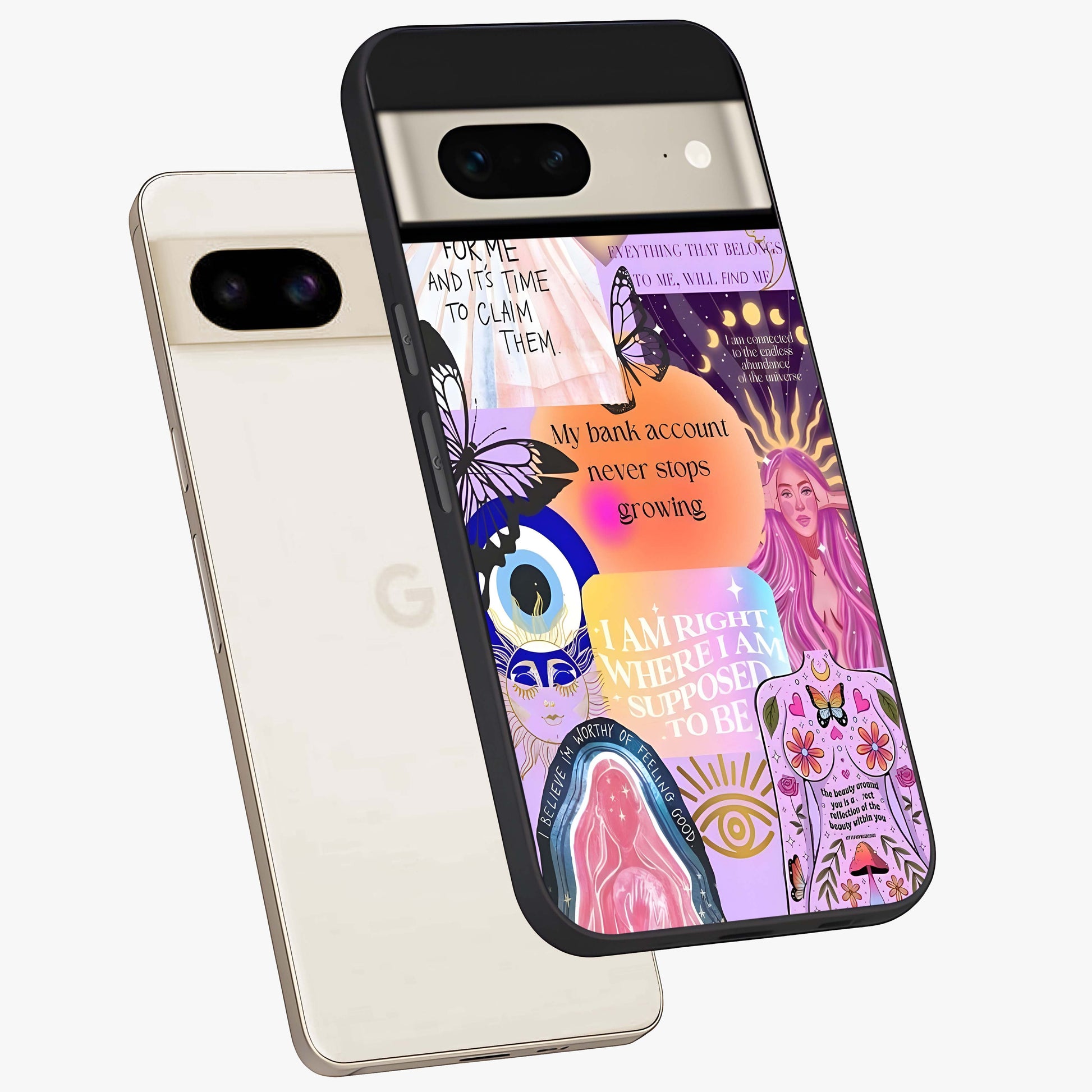 Manifestation Collage Glass Case displayed in angled mockup highlighting inspirational aesthetic collage design.