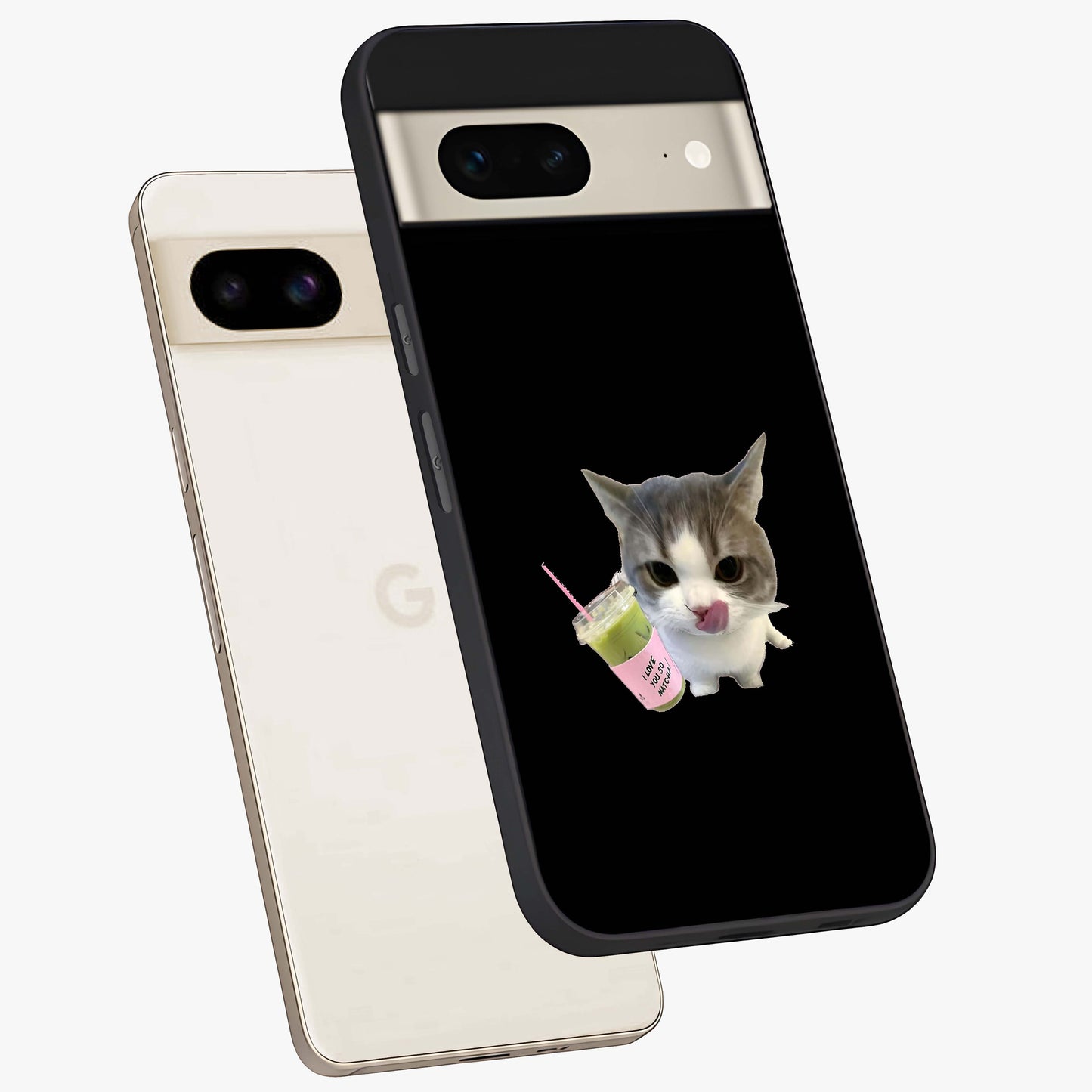 Matcha Cat Style Glass Case displayed in angled mockup highlighting playful feline design with pastel matcha aesthetic.